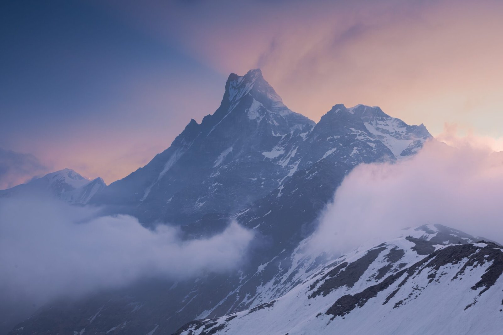 Snow-capped Himalayan peak at sunset